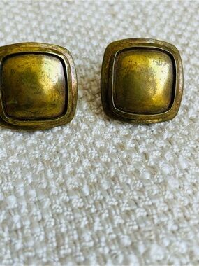 Vintage Marjorie Baer Brass Tone Square Pierced Omega Back Earrings 1"